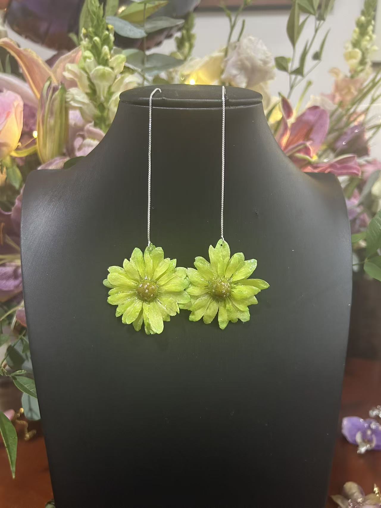 Green preserved flower earrings