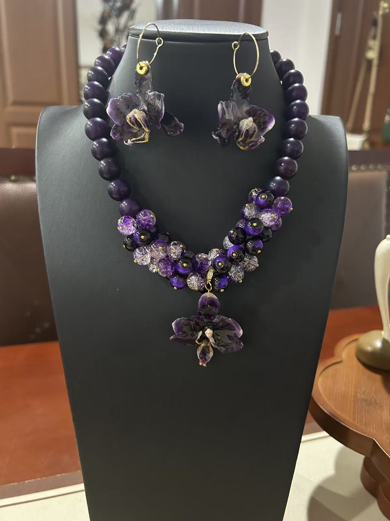 Purple orchid jewelry set handmade by Dreams of Crystal