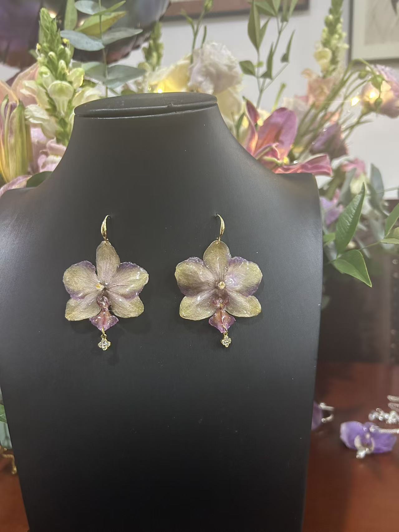 Preserved orchid earrings